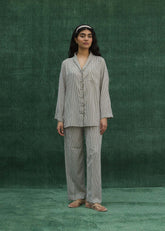 LaRosa Summer Slumber Green Stripes cotton nightwear set with vertical stripe print shirt and trousers.